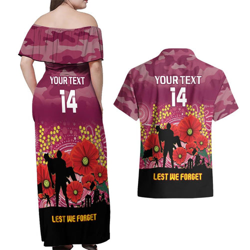 Custom Lions Football ANZAC Couples Matching Off Shoulder Maxi Dress and Hawaiian Shirt Gallipoli Camouflage With Poppies