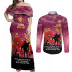 Custom Lions Football ANZAC Couples Matching Off Shoulder Maxi Dress and Long Sleeve Button Shirt Gallipoli Camouflage With Poppies