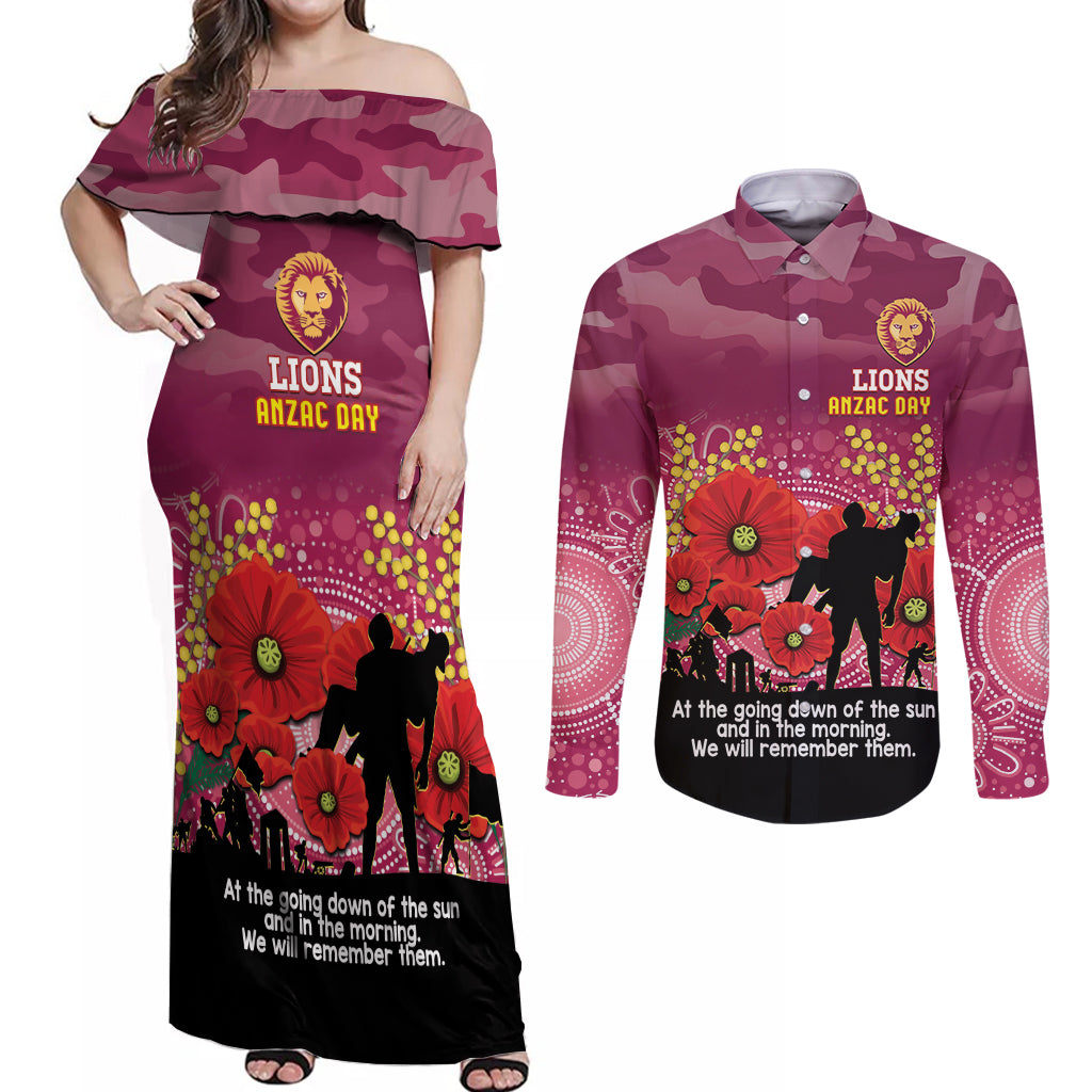 Custom Lions Football ANZAC Couples Matching Off Shoulder Maxi Dress and Long Sleeve Button Shirt Gallipoli Camouflage With Poppies