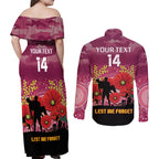 Custom Lions Football ANZAC Couples Matching Off Shoulder Maxi Dress and Long Sleeve Button Shirt Gallipoli Camouflage With Poppies