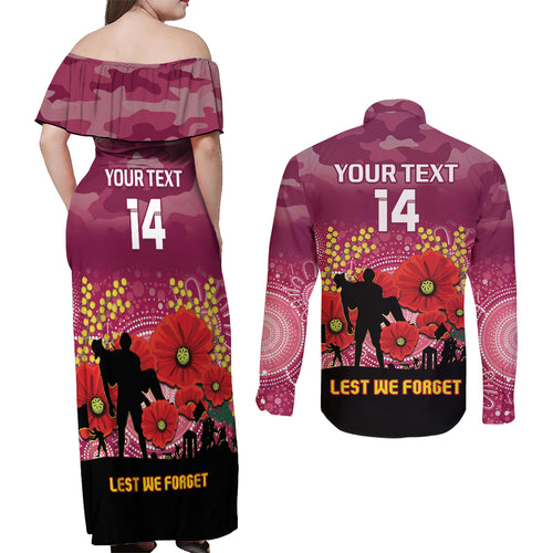 Custom Lions Football ANZAC Couples Matching Off Shoulder Maxi Dress and Long Sleeve Button Shirt Gallipoli Camouflage With Poppies