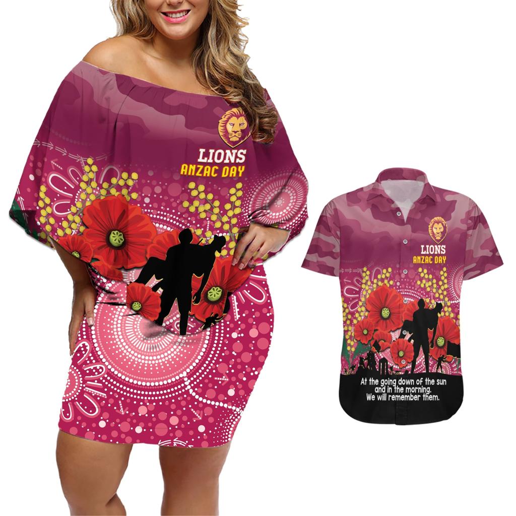 Custom Lions Football ANZAC Couples Matching Off Shoulder Short Dress and Hawaiian Shirt Gallipoli Camouflage With Poppies