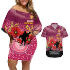 Custom Lions Football ANZAC Couples Matching Off Shoulder Short Dress and Hawaiian Shirt Gallipoli Camouflage With Poppies