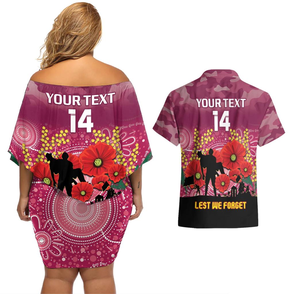 Custom Lions Football ANZAC Couples Matching Off Shoulder Short Dress and Hawaiian Shirt Gallipoli Camouflage With Poppies