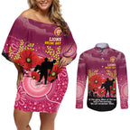 Custom Lions Football ANZAC Couples Matching Off Shoulder Short Dress and Long Sleeve Button Shirt Gallipoli Camouflage With Poppies