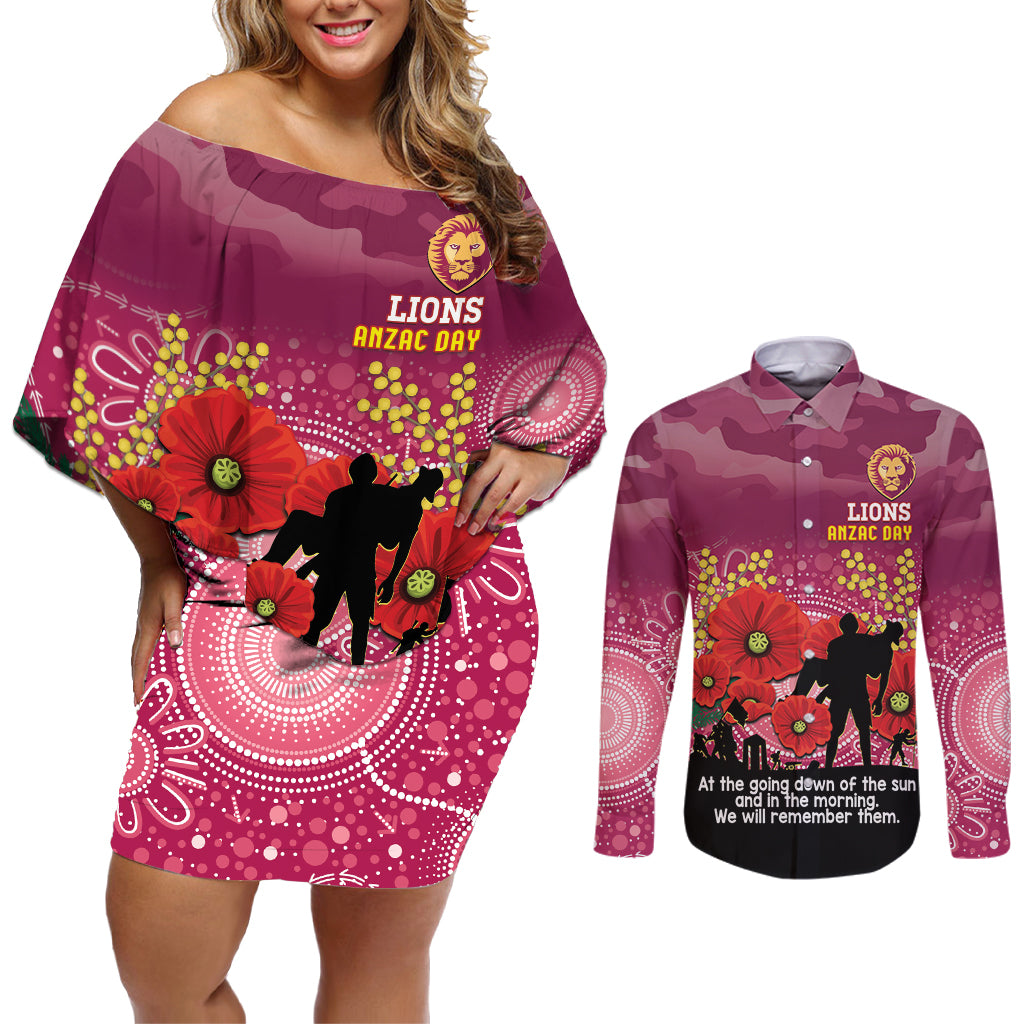 Custom Lions Football ANZAC Couples Matching Off Shoulder Short Dress and Long Sleeve Button Shirt Gallipoli Camouflage With Poppies