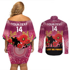 Custom Lions Football ANZAC Couples Matching Off Shoulder Short Dress and Long Sleeve Button Shirt Gallipoli Camouflage With Poppies
