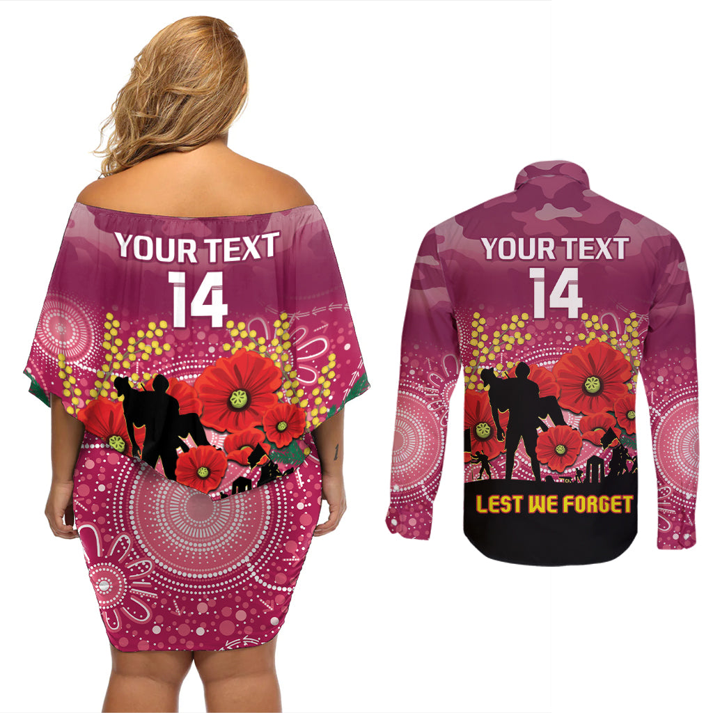 Custom Lions Football ANZAC Couples Matching Off Shoulder Short Dress and Long Sleeve Button Shirt Gallipoli Camouflage With Poppies