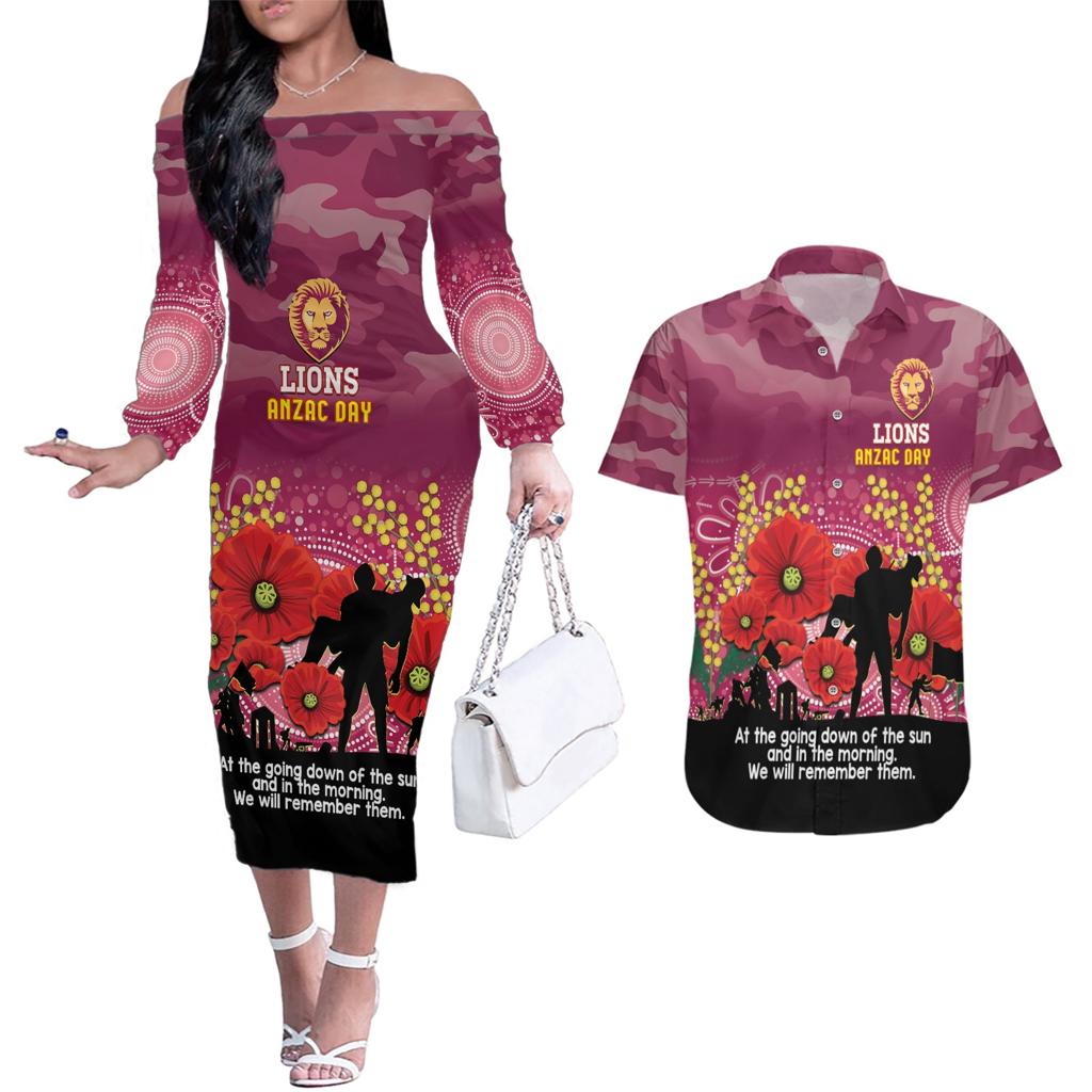 Custom Lions Football ANZAC Couples Matching Off The Shoulder Long Sleeve Dress and Hawaiian Shirt Gallipoli Camouflage With Poppies