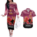 Custom Lions Football ANZAC Couples Matching Off The Shoulder Long Sleeve Dress and Hawaiian Shirt Gallipoli Camouflage With Poppies