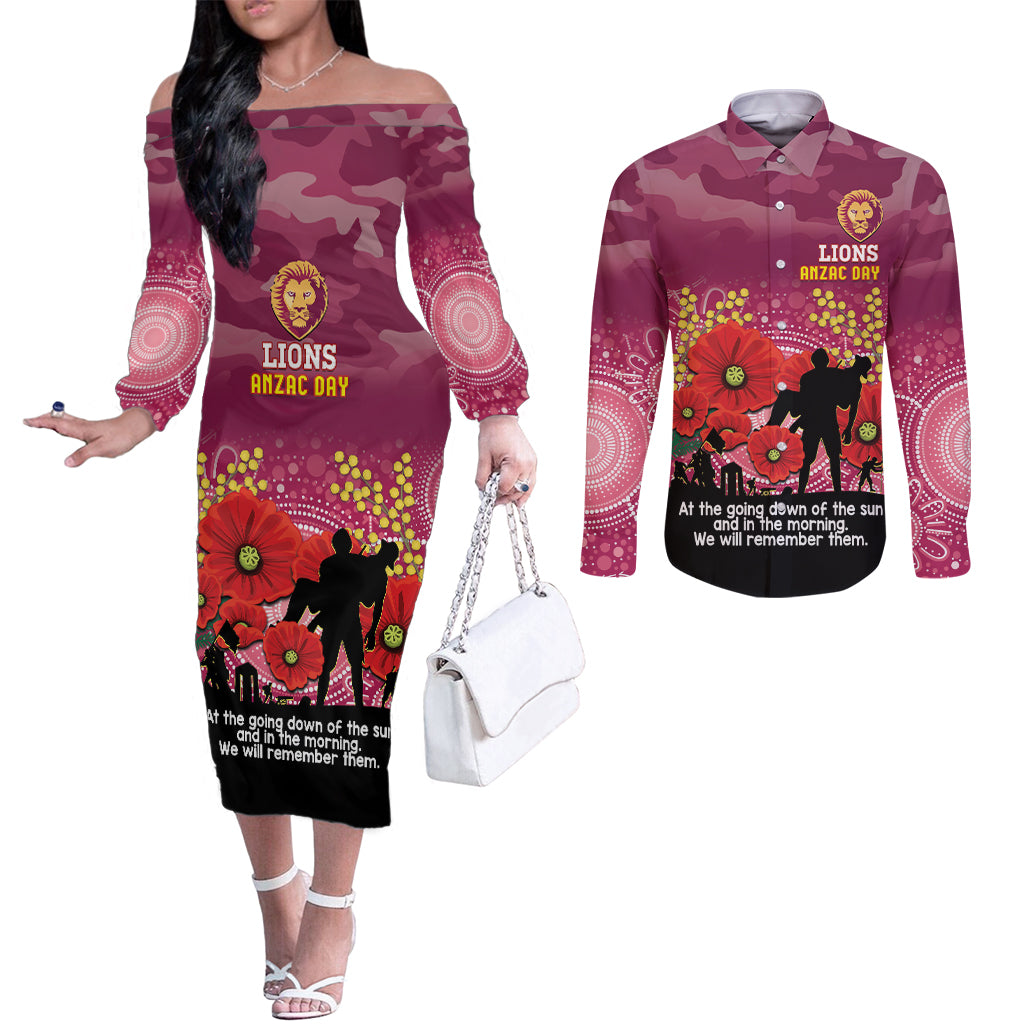 Custom Lions Football ANZAC Couples Matching Off The Shoulder Long Sleeve Dress and Long Sleeve Button Shirt Gallipoli Camouflage With Poppies