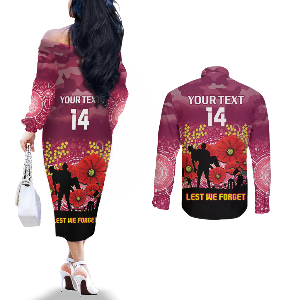 Custom Lions Football ANZAC Couples Matching Off The Shoulder Long Sleeve Dress and Long Sleeve Button Shirt Gallipoli Camouflage With Poppies