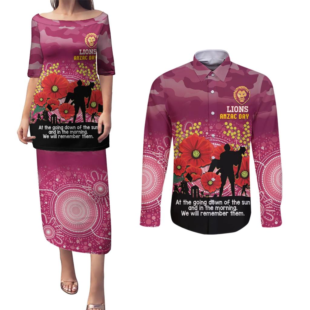 Custom Lions Football ANZAC Couples Matching Puletasi and Long Sleeve Button Shirt Gallipoli Camouflage With Poppies