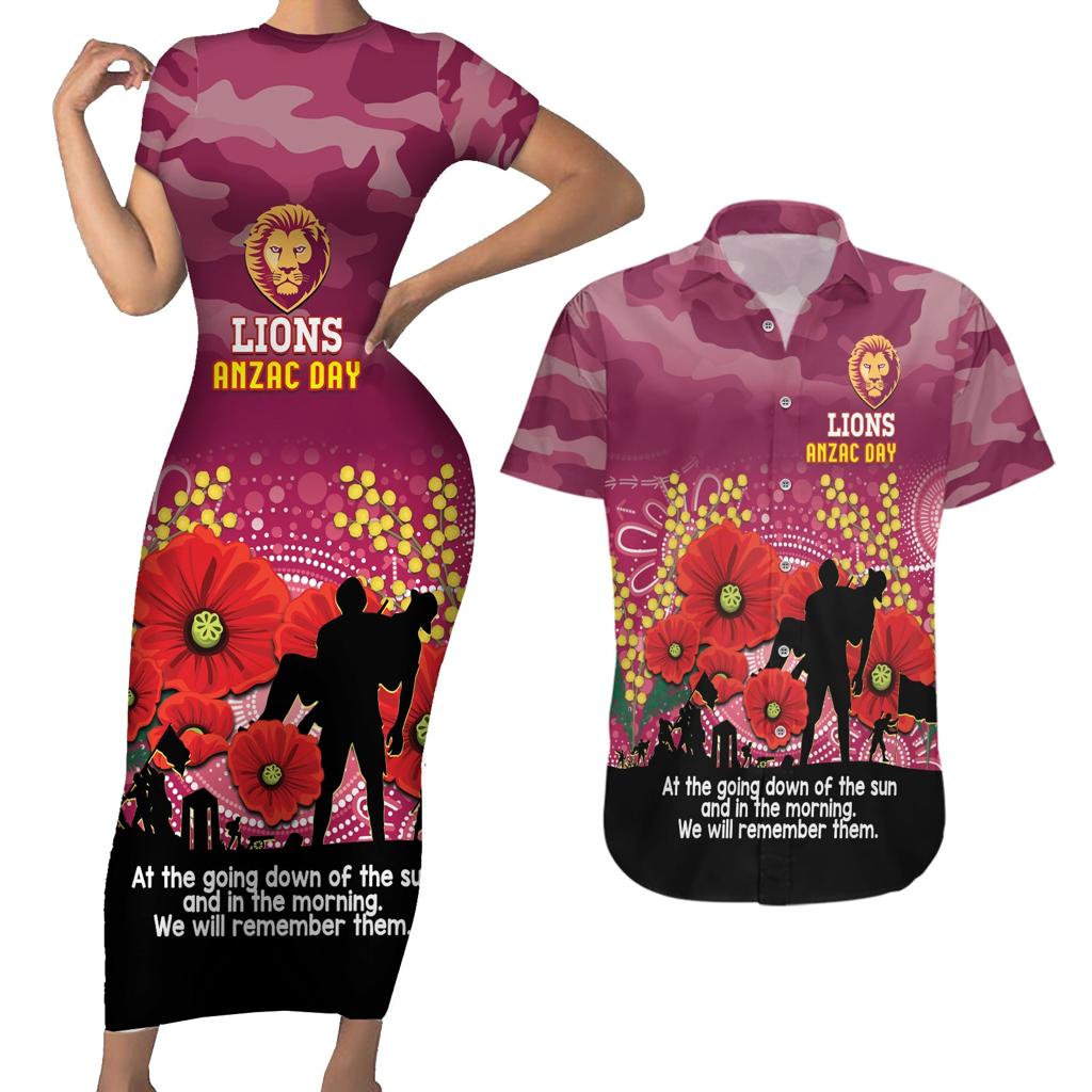 Custom Lions Football ANZAC Couples Matching Short Sleeve Bodycon Dress and Hawaiian Shirt Gallipoli Camouflage With Poppies