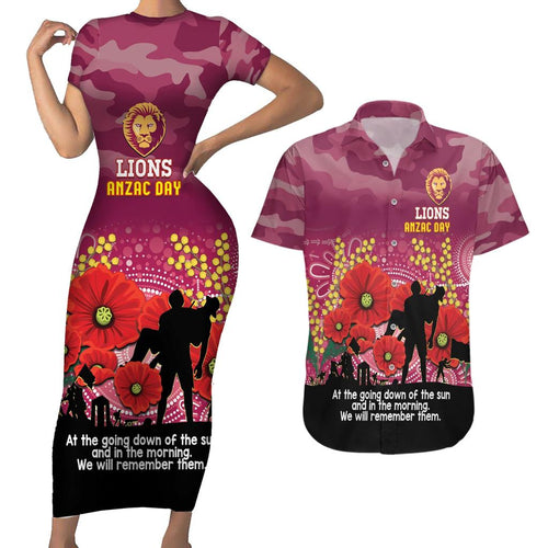 Custom Lions Football ANZAC Couples Matching Short Sleeve Bodycon Dress and Hawaiian Shirt Gallipoli Camouflage With Poppies