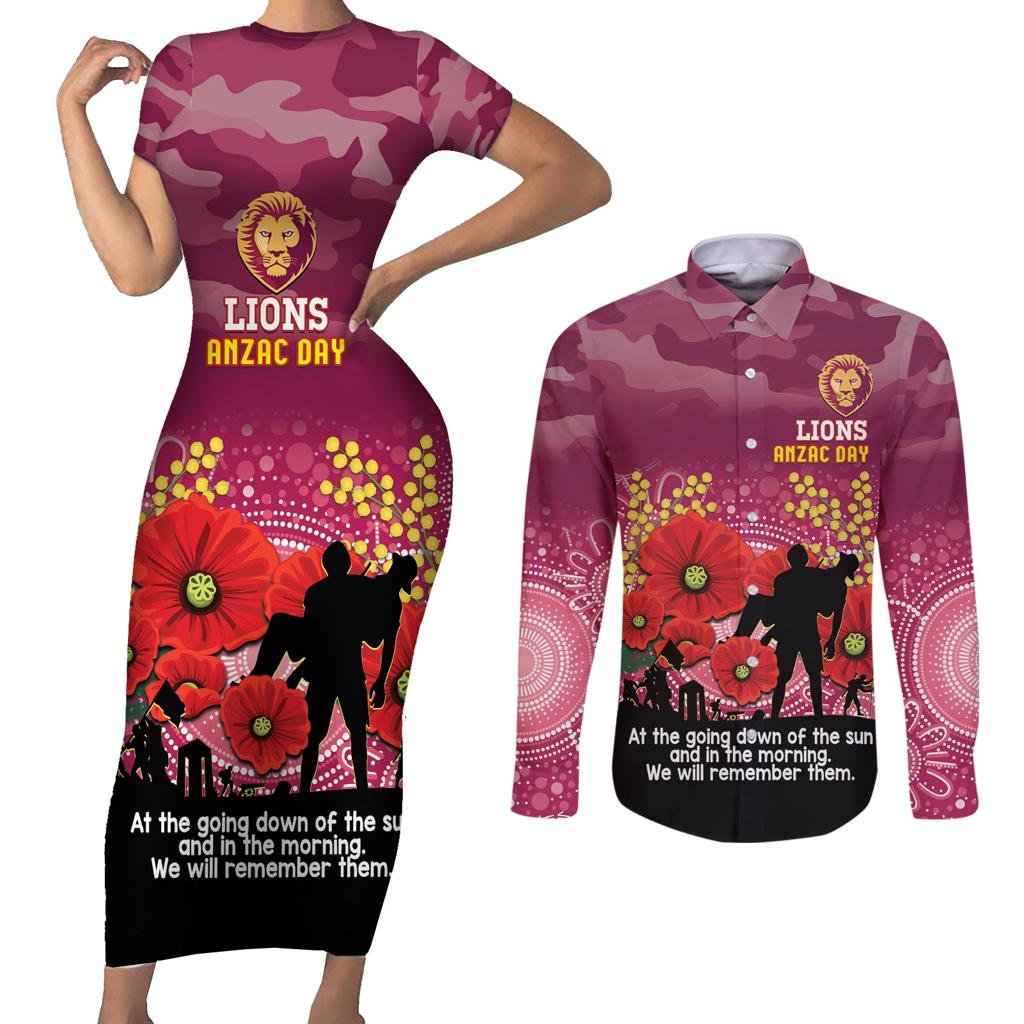 Custom Lions Football ANZAC Couples Matching Short Sleeve Bodycon Dress and Long Sleeve Button Shirt Gallipoli Camouflage With Poppies