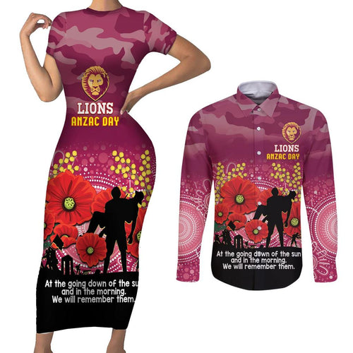 Custom Lions Football ANZAC Couples Matching Short Sleeve Bodycon Dress and Long Sleeve Button Shirt Gallipoli Camouflage With Poppies