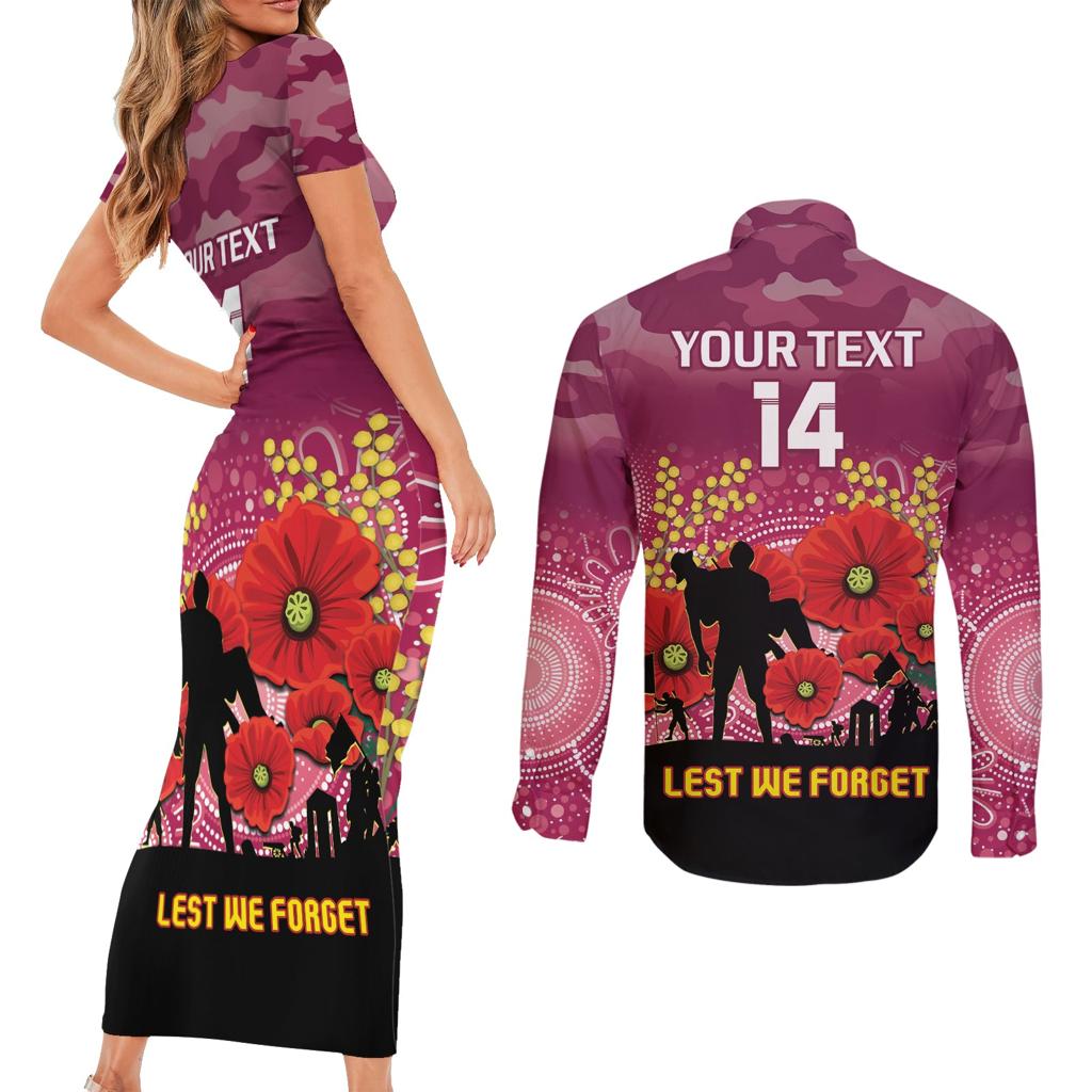 Custom Lions Football ANZAC Couples Matching Short Sleeve Bodycon Dress and Long Sleeve Button Shirt Gallipoli Camouflage With Poppies