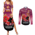 Custom Lions Football ANZAC Couples Matching Summer Maxi Dress and Long Sleeve Button Shirt Gallipoli Camouflage With Poppies
