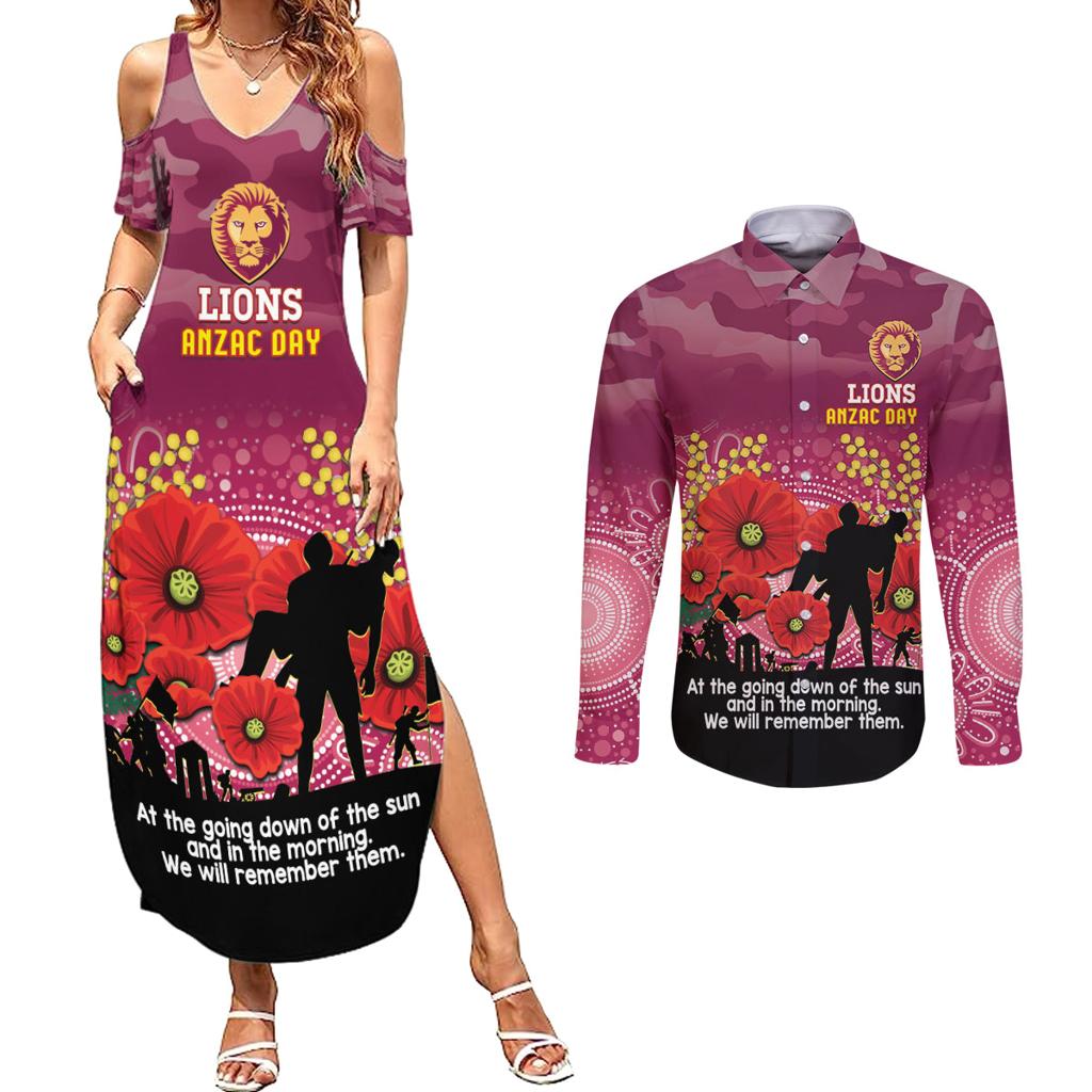 Custom Lions Football ANZAC Couples Matching Summer Maxi Dress and Long Sleeve Button Shirt Gallipoli Camouflage With Poppies