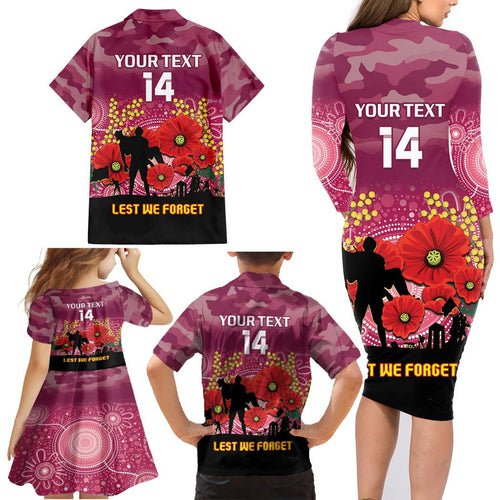 Custom Lions Football ANZAC Family Matching Long Sleeve Bodycon Dress and Hawaiian Shirt Gallipoli Camouflage With Poppies
