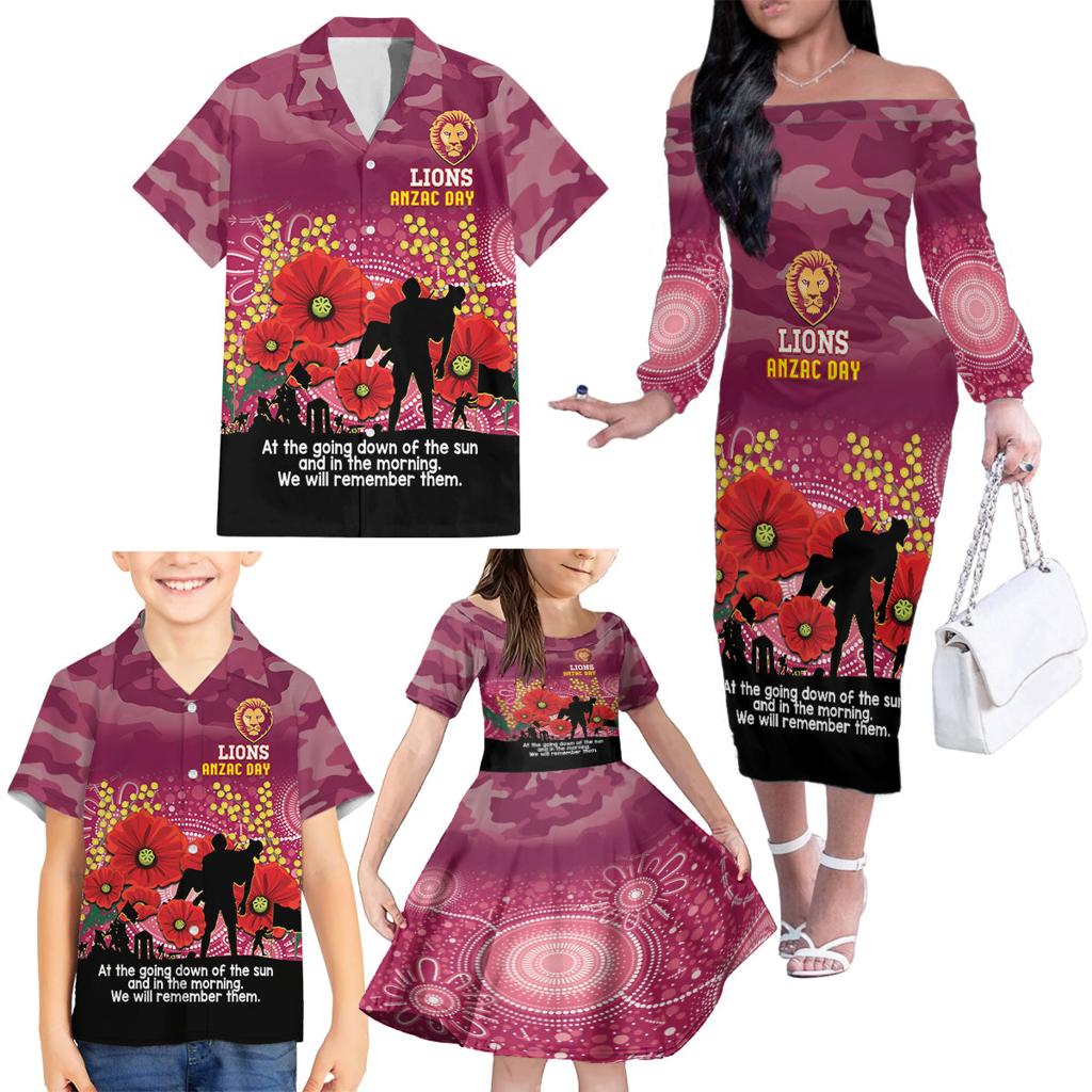 Custom Lions Football ANZAC Family Matching Off Shoulder Long Sleeve Dress and Hawaiian Shirt Gallipoli Camouflage With Poppies