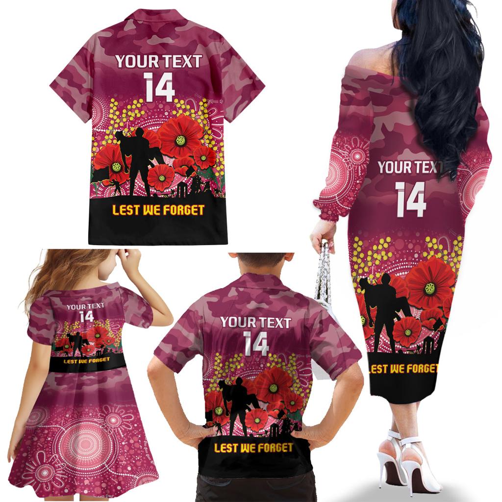Custom Lions Football ANZAC Family Matching Off Shoulder Long Sleeve Dress and Hawaiian Shirt Gallipoli Camouflage With Poppies
