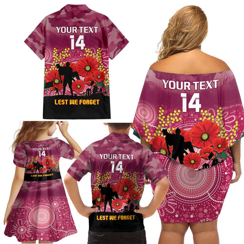 Custom Lions Football ANZAC Family Matching Off Shoulder Short Dress and Hawaiian Shirt Gallipoli Camouflage With Poppies