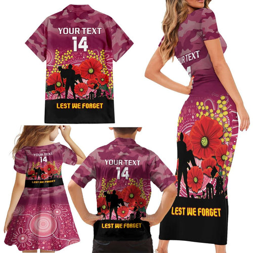 Custom Lions Football ANZAC Family Matching Short Sleeve Bodycon Dress and Hawaiian Shirt Gallipoli Camouflage With Poppies
