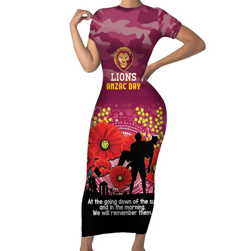 Custom Lions Football ANZAC Family Matching Short Sleeve Bodycon Dress and Hawaiian Shirt Gallipoli Camouflage With Poppies