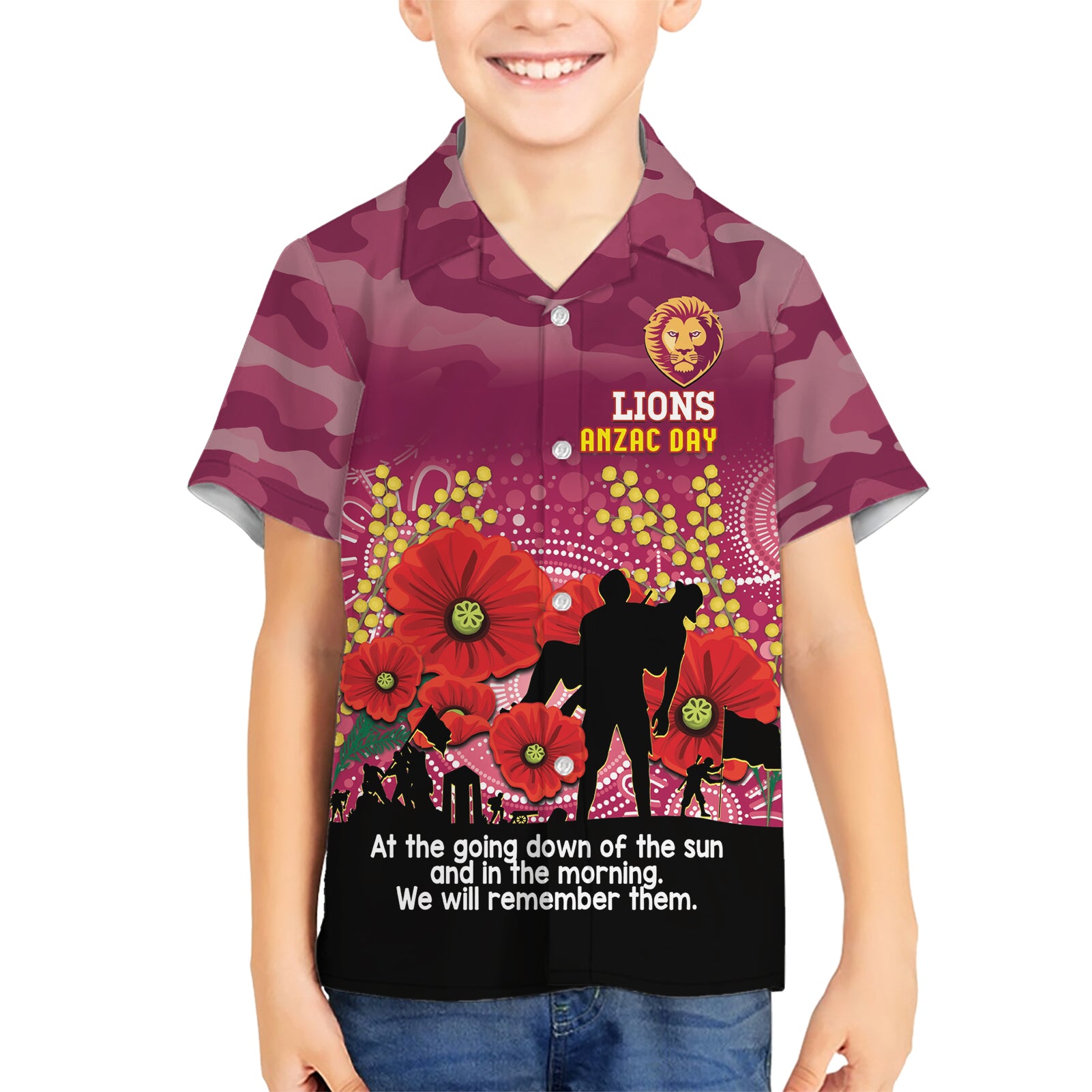 Custom Lions Football ANZAC Hawaiian Shirt Gallipoli Camouflage With Poppies