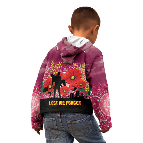 Custom Lions Football ANZAC Kid Hoodie Gallipoli Camouflage With Poppies