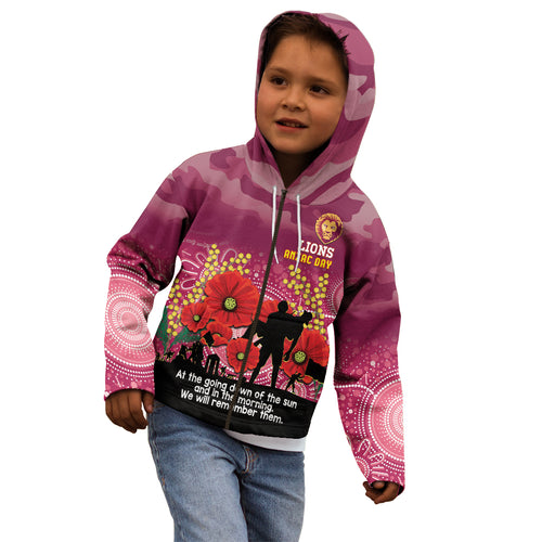 Custom Lions Football ANZAC Kid Hoodie Gallipoli Camouflage With Poppies