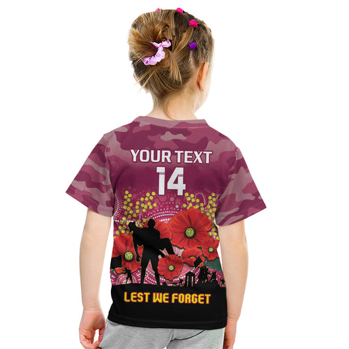 Custom Lions Football ANZAC Kid T Shirt Gallipoli Camouflage With Poppies