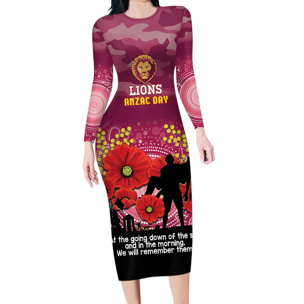 Custom Lions Football ANZAC Long Sleeve Bodycon Dress Gallipoli Camouflage With Poppies