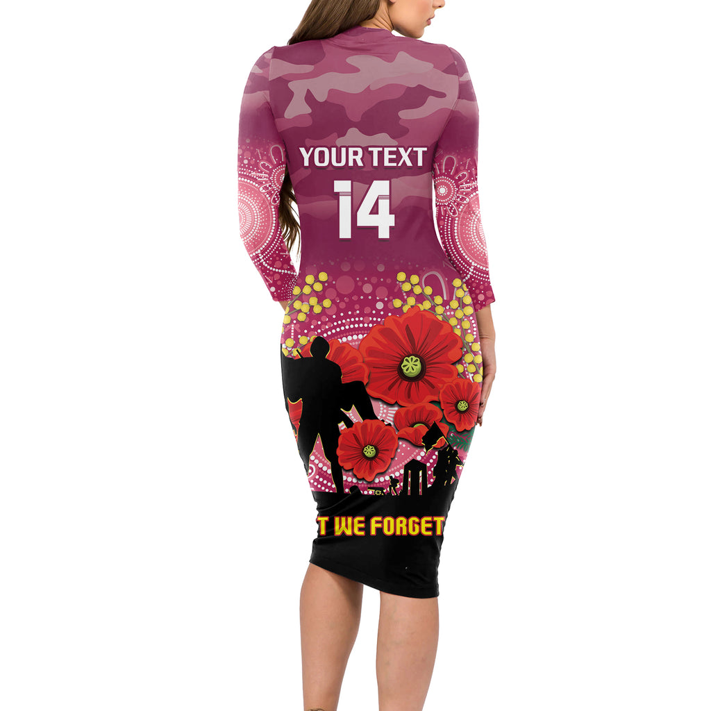 Custom Lions Football ANZAC Long Sleeve Bodycon Dress Gallipoli Camouflage With Poppies