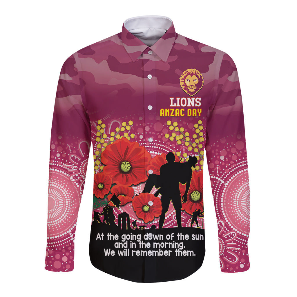 Custom Lions Football ANZAC Long Sleeve Button Shirt Gallipoli Camouflage With Poppies