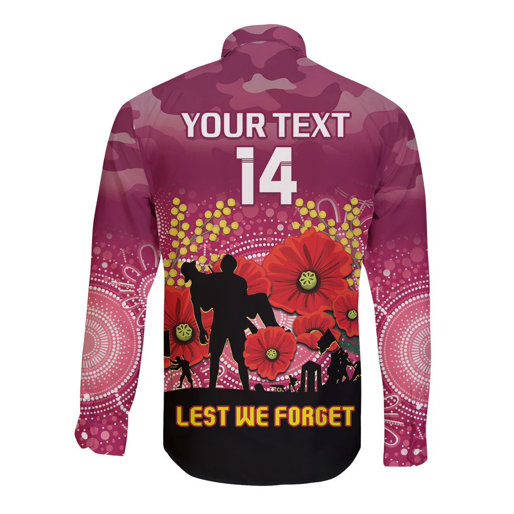 Custom Lions Football ANZAC Long Sleeve Button Shirt Gallipoli Camouflage With Poppies