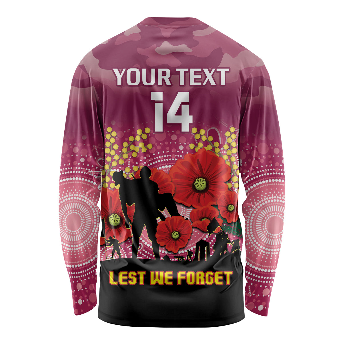 Custom Lions Football ANZAC Long Sleeve Shirt Gallipoli Camouflage With Poppies