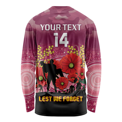 Custom Lions Football ANZAC Long Sleeve Shirt Gallipoli Camouflage With Poppies