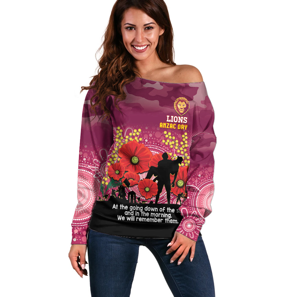 Custom Lions Football ANZAC Off Shoulder Sweater Gallipoli Camouflage With Poppies