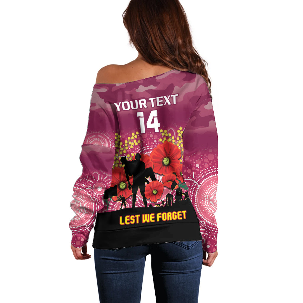 Custom Lions Football ANZAC Off Shoulder Sweater Gallipoli Camouflage With Poppies