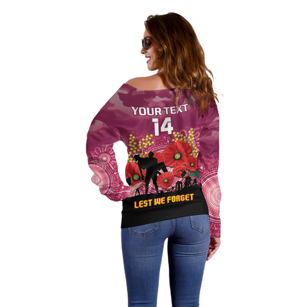 Custom Lions Football ANZAC Off Shoulder Sweater Gallipoli Camouflage With Poppies