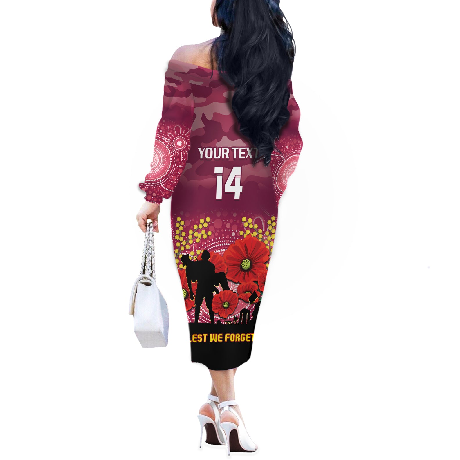Custom Lions Football ANZAC Off The Shoulder Long Sleeve Dress Gallipoli Camouflage With Poppies