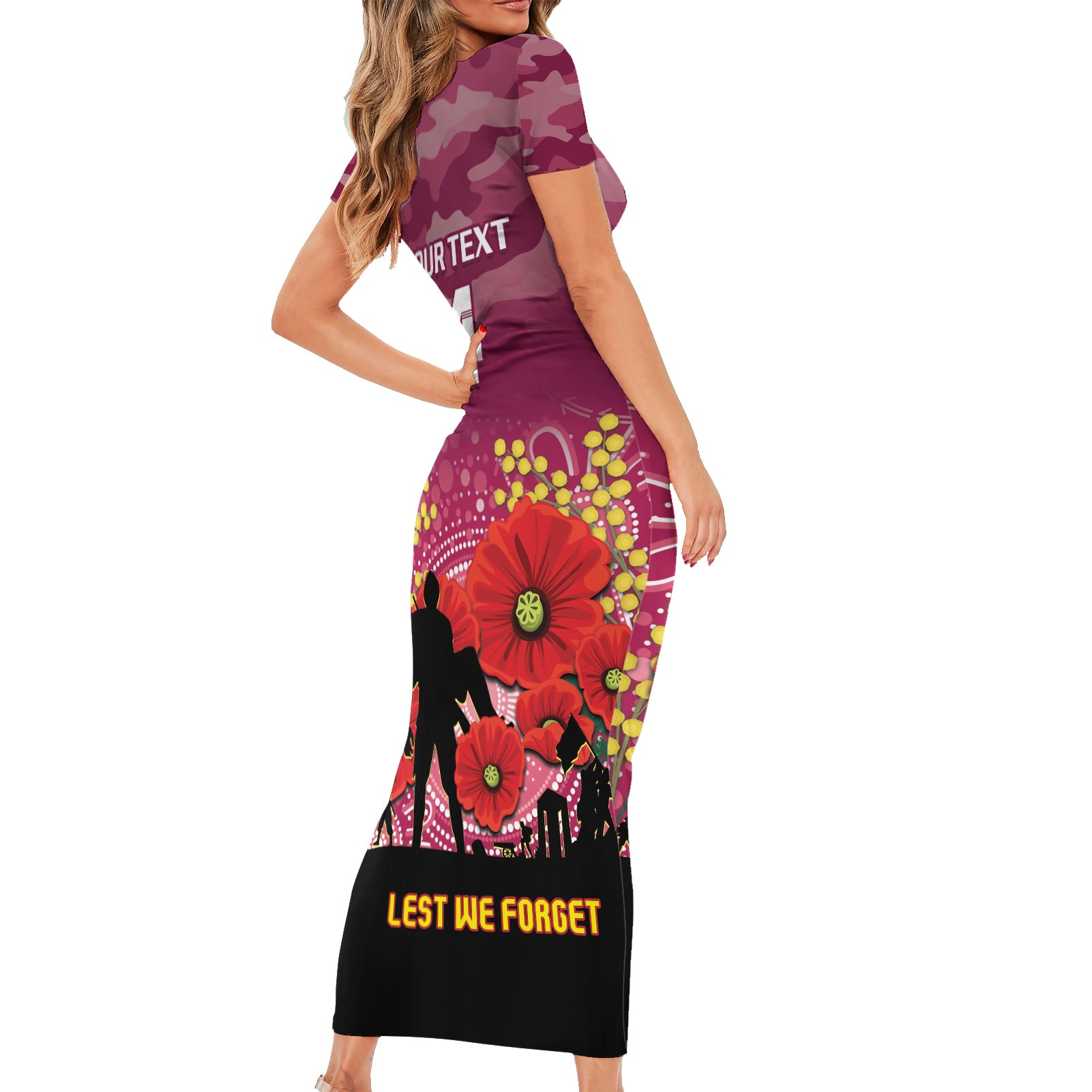 Custom Lions Football ANZAC Short Sleeve Bodycon Dress Gallipoli Camouflage With Poppies