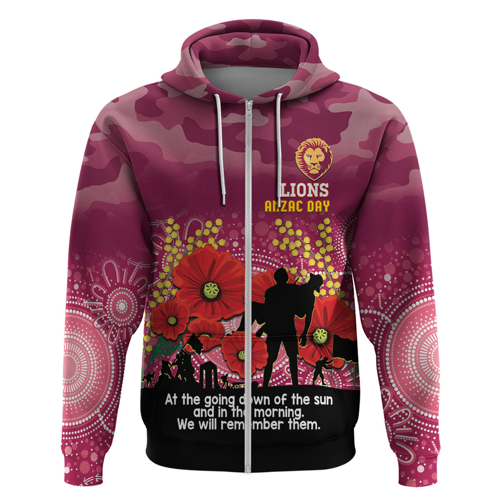 Custom Lions Football ANZAC Zip Hoodie Gallipoli Camouflage With Poppies