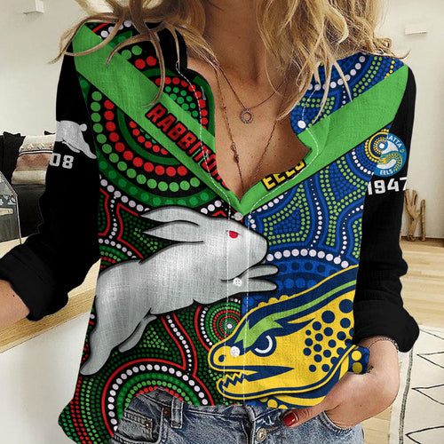 (Custom Text And Number) Rabbitohs Mix Eels Rugby Women Casual Shirt Souths And Parra Indigenous LT14