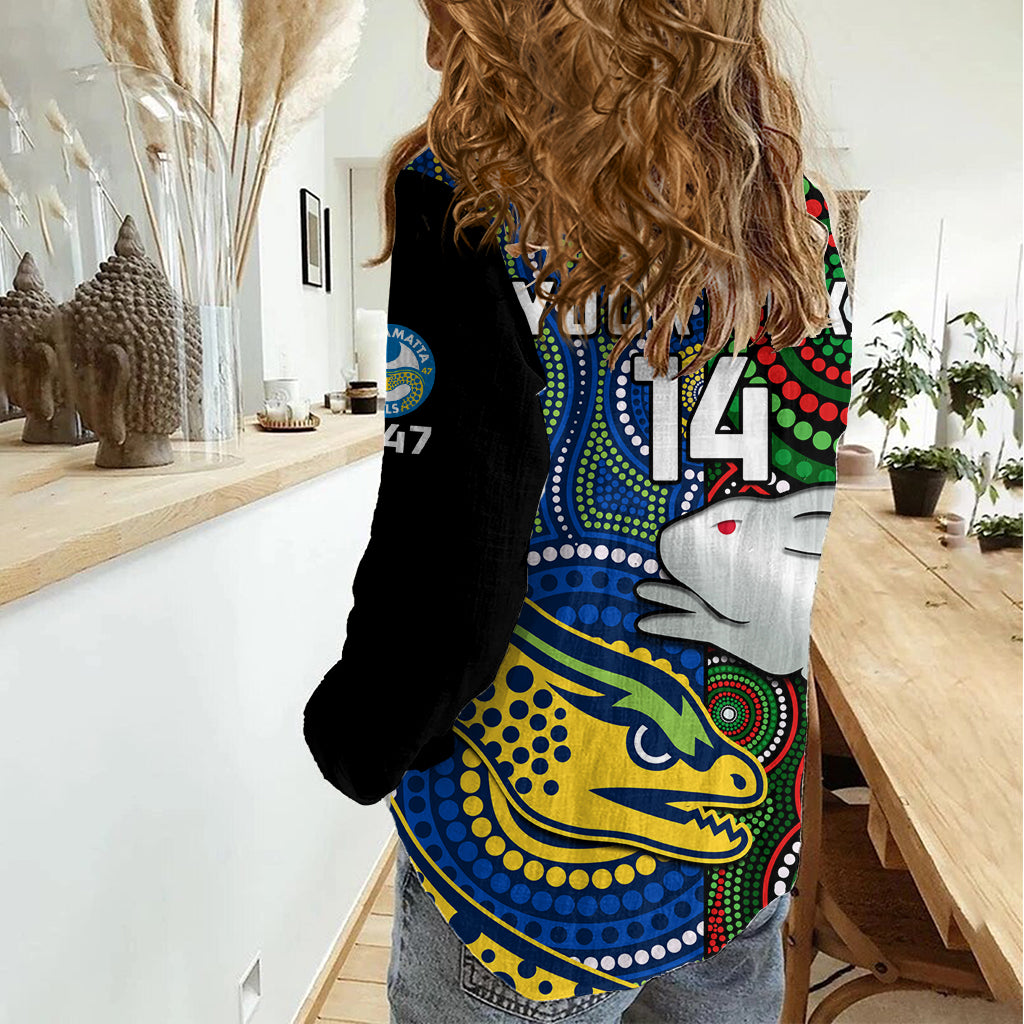 (Custom Text And Number) Rabbitohs Mix Eels Rugby Women Casual Shirt Souths And Parra Indigenous LT14