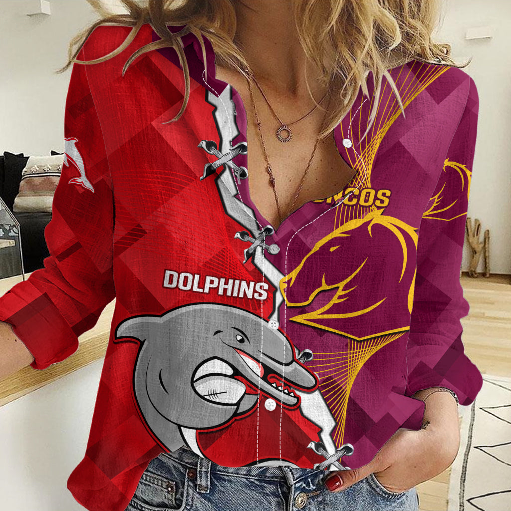 (Custom Personalised) Broncos Mix Dolphins Rugby Women Casual Shirt Sporty Style LT14