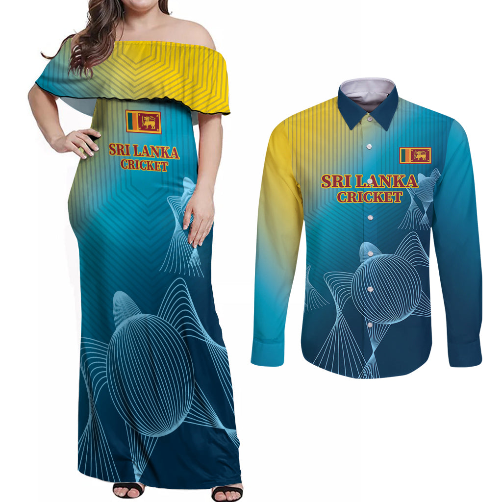 Custom Sri Lanka Cricket Couples Matching Off Shoulder Maxi Dress and Long Sleeve Button Shirt 2024 World Cup Go The Lions